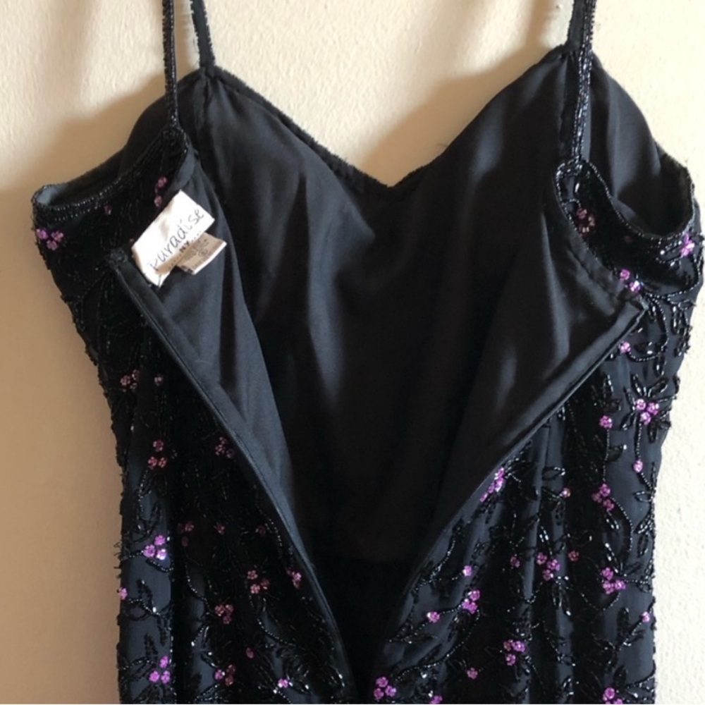 Vintage black floral beaded (100% silk) cocktail semiformal slip dress Paradise - Picture 11 of 16
